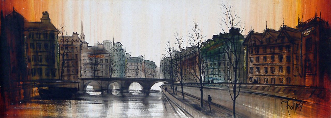 Ronald N. Folland (1932-), oil on board, Au bord de la Seine, signed, 44 x 121cm